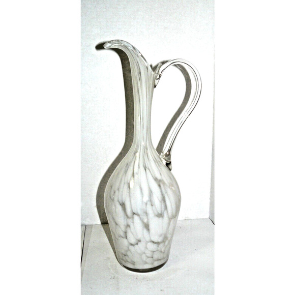Rare Hand Blown Glass Swung Pitcher Vase 15" Clear & White Vintage MCM Abstract - Picture 3 of 7